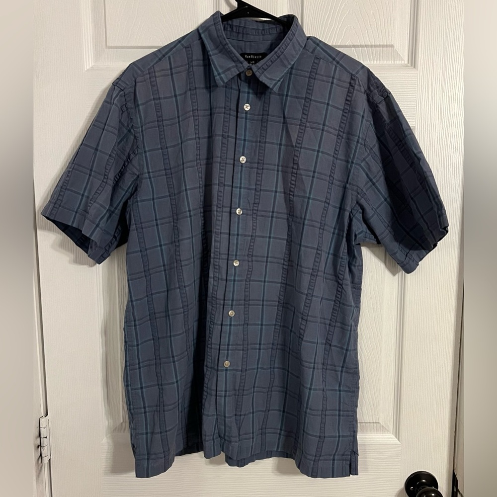 Van Heusen Button Up Short Sleeve Blue Plaid Men’s Large 16-16.5